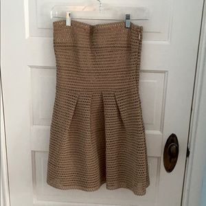 Tan crochet/ bandage top strapless short dress.